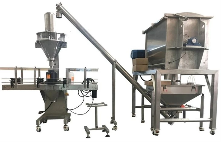 Twin-head Auger Fillers Mounted Over A Dual-lane Conveying System